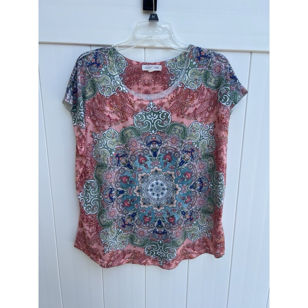 Clover + Pine Woman Top Boho Multicolor Geometric Cap Sleeve Sz